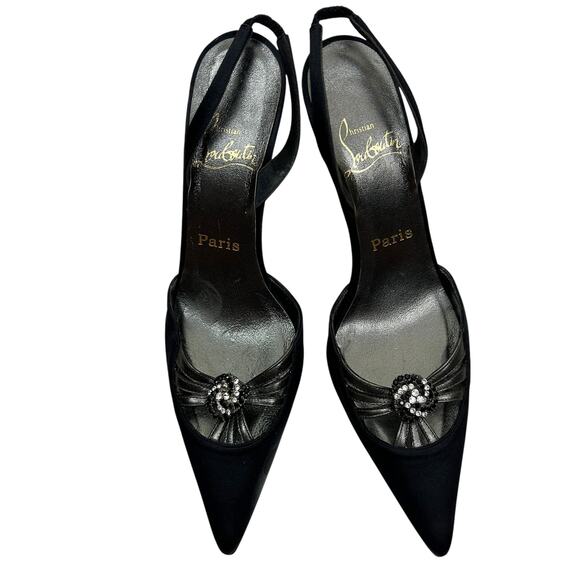 Christian Louboutin Black Satin Pointed Toe Rhinestone Slingback Heels 7.5 - Picture 2 of 7